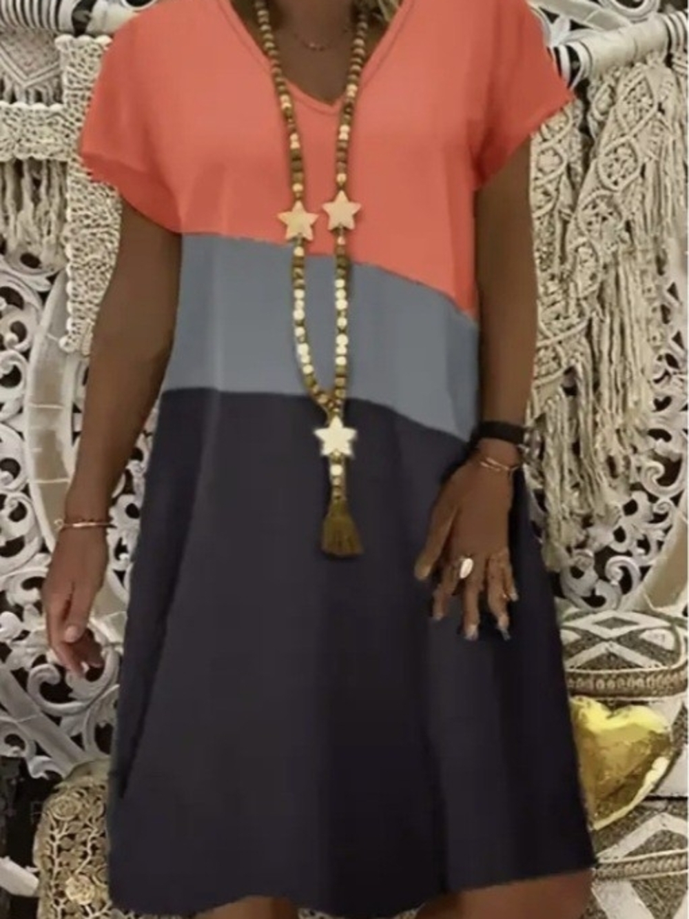 Colorblock V-Neck Midi Dress in Coral, Slate, Navy